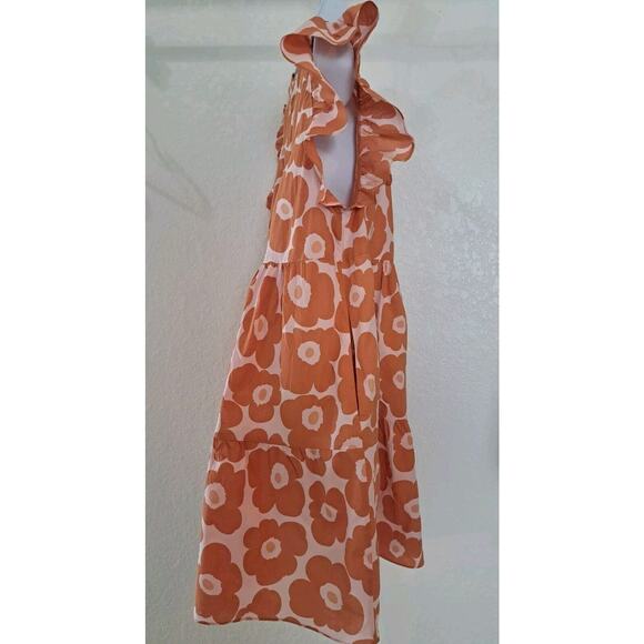 Jacquie the Label Sz M Daisy Babydoll Dress Orange Floral Tiered Ruffles Pockets - Picture 3 of 9